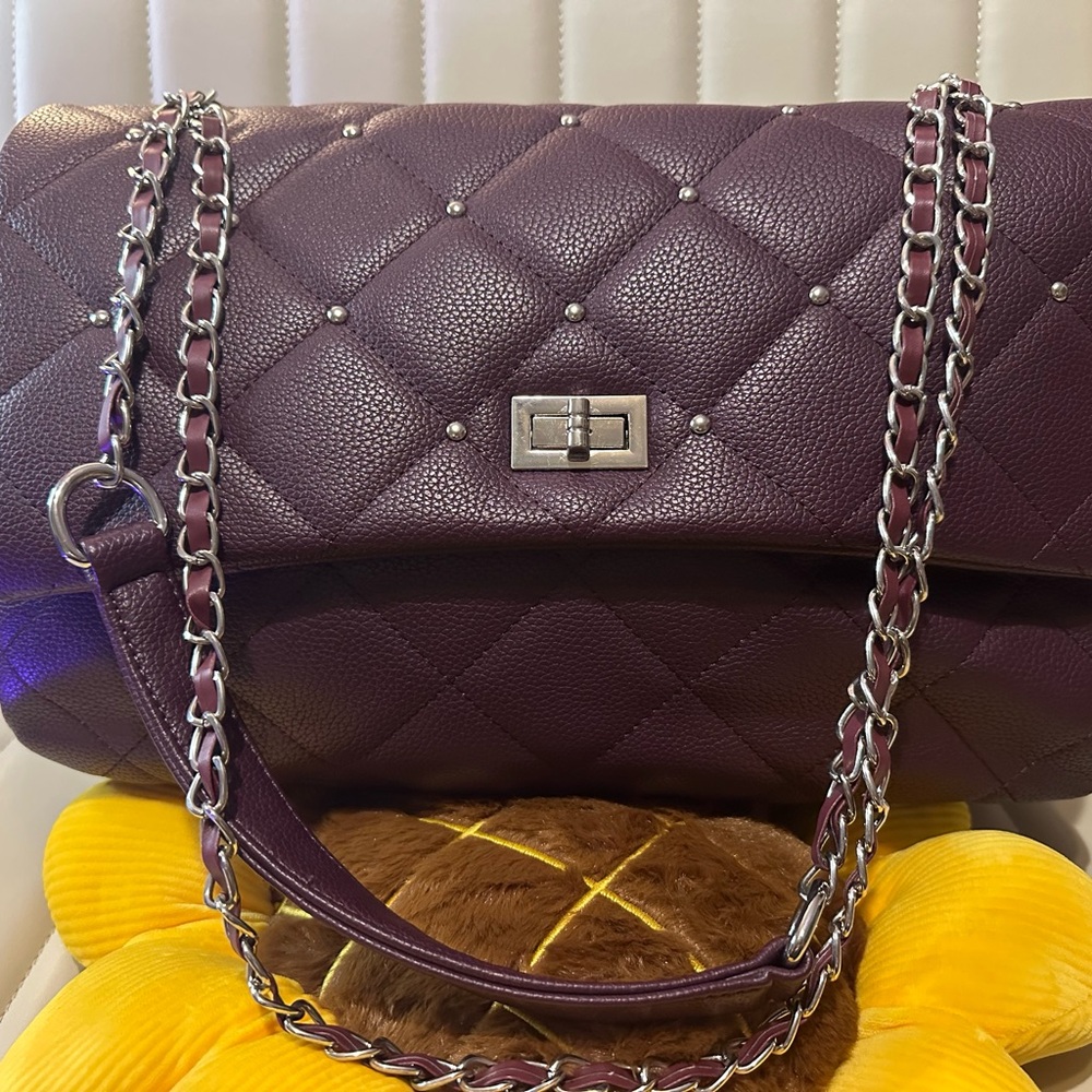 Quilted Purple Leather Shoulder Bag with Chain Strap